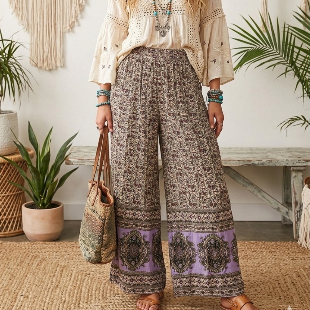 Angie Bohemian Lavender Paisley Wide Leg Jumpsuit Women’s Large Romper
